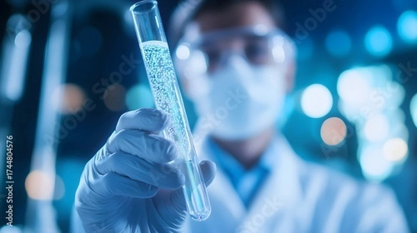 Fototapeta Scientist in Lab Coat Holding Test Tube with Blue Liquid Bubbles