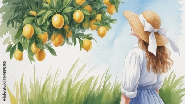 Fototapeta Woman in straw hat looking at lemon tree from the side