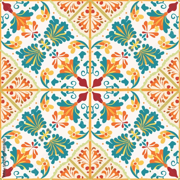 Fototapeta A seamless Andalusian wall tile pattern with colorful geometric motifs. Perfect for Mediterranean interiors, packaging, and decorative projects.