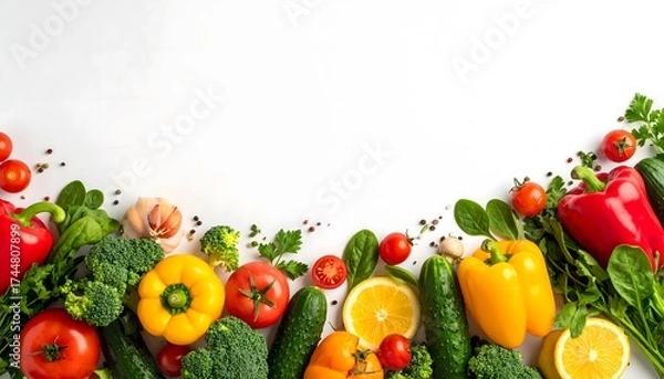 Fototapeta Composición de verduras y frutas frescas sobre fondo blanco con espacio para texto, concepto de alimentación saludable y nutrición equilibrada