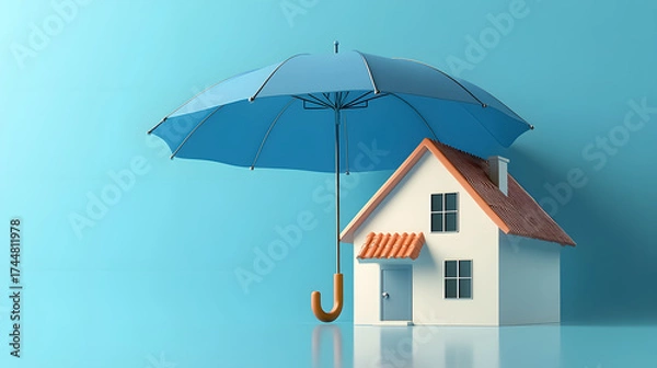 Obraz A 3D model of a house under a blue umbrella, representing renters� home insurance or mortgage protection.