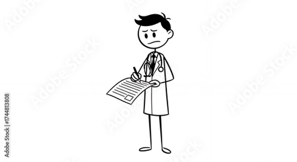 Obraz Stick Figure Doctor Signs Patient Medical Chart Wearing White Coat with Stethoscope isolated on White Background Symbolizing Healthcare and Medical Check Up a Simple and Clean Representation with