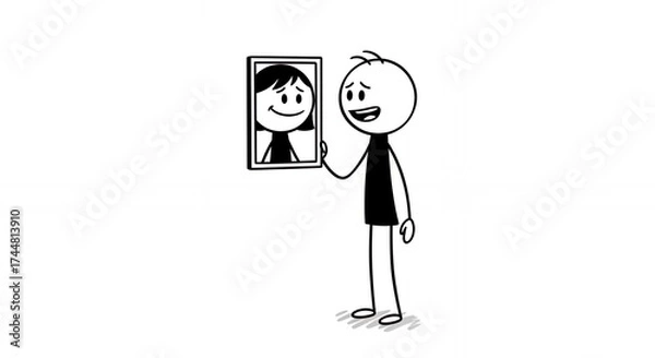 Obraz Stick Figure Examines a Portrait with Contentment on a White Background Cartoon Animation of a Stickman Holding a Framed Picture Expressing Joy and Admiration Stick Man Character Study in Black and