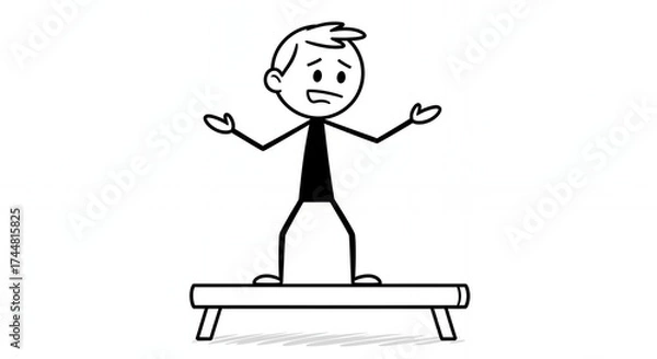 Fototapeta Stickman Figure Character Standing on Examination Table Expressing Confusion and Uncertainty in a Medical Setting Isolated on White Background Cartoon Pictogram Illustration Concept