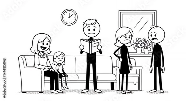 Fototapeta Stylized Stick Figure Depiction of a Family in a Hospital Waiting Room Featuring Smiling Mother and Child Next to Reading Father Opposite Anxious Woman and Man Under a Clock and Wall Art in Black and