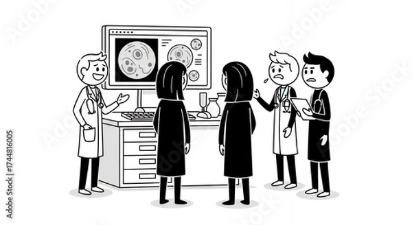 Fototapeta Team of Doctors Discussing Medical Cases with Microscope Imagery on Computer Screen in a White Hospital Room Depicted as Black and White Stick Figure Style Cartoon on White Background Perfect for