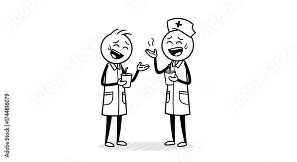 Fototapeta Two Happy Stick Figure Nurses Sharing a Beverage and Conversing Cheerfully in White Coats and Caps isolated on White Background Embodying Healthcare Support and Teamwork with Joyful Expression and