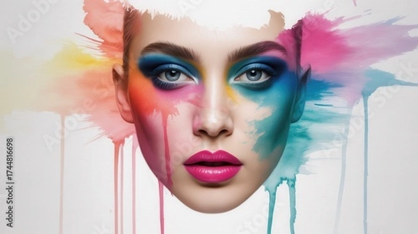 Fototapeta Woman's face with abstract colorful makeup and paint drips