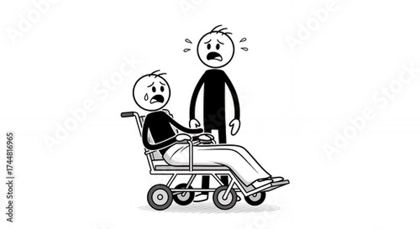 Fototapeta Worried Stick Figure Pushes Patient in Wheelchair in Hospital Setting Depicting Medical Transportation and Care Isolated on White Background Representing Healthcare and Support in Animated Style