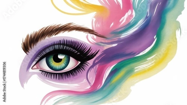 Fototapeta Close up of a woman's eye with colorful abstract paint strokes