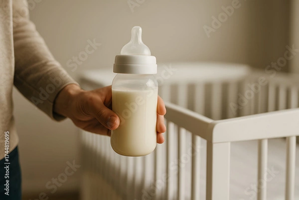 Obraz man is hand holding a milk bottle, close up
