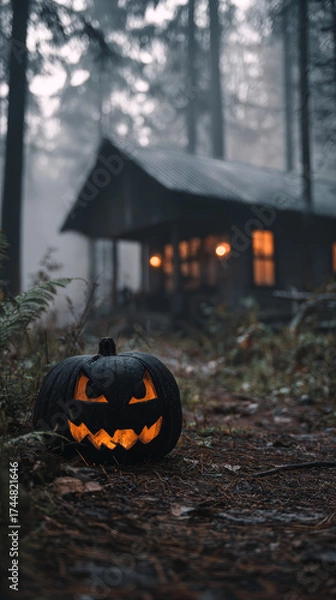 Fototapeta Jack o lantern on forest floor glowing in front of foggy cabin with warm window light creating eerie autumn atmosphere