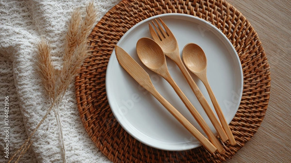 Fototapeta Bamboo cutlery wooden spoon fork knife on white plate with woven placemat and neutral textile, cozy rustic table setting evokes warm calm