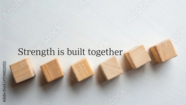 Fototapeta Inspirational wooden blocks aligned in a row with motivational quote emphasizing teamwork and collaboration for success