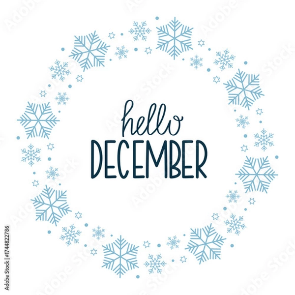 Fototapeta Hello December lettering. Vector illustration of  snowflake wreath isolated on white background. Design for greeting card, sale, banner, decor.