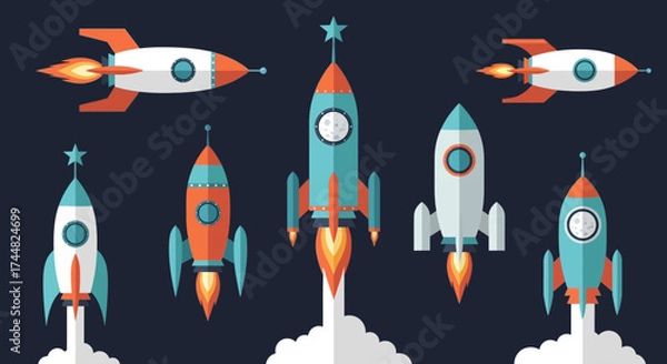 Obraz Collection of colorful retro rocket ships ready for space exploration and travel.