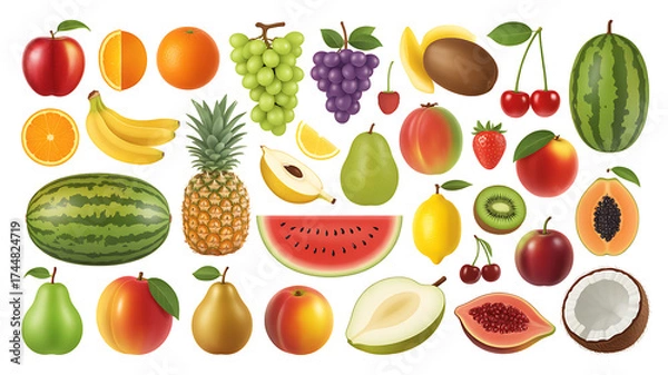Fototapeta Vibrant assortment of fresh ripe fruits displayed together on a white background for healthy eating