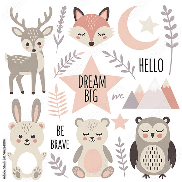 Fototapeta Cute woodland creatures and celestial elements for nursery decor and children s art featuring a deer fox rabbit bear owl moon and stars