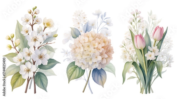 Fototapeta Delicate watercolor floral arrangements featuring white blossoms soft pink tulips and pale peach hydrangea for elegant spring or wedding decor