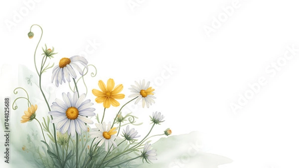 Fototapeta Delicate watercolor painting of white and yellow daisies with soft green foliage in a corner arrangement on a white background