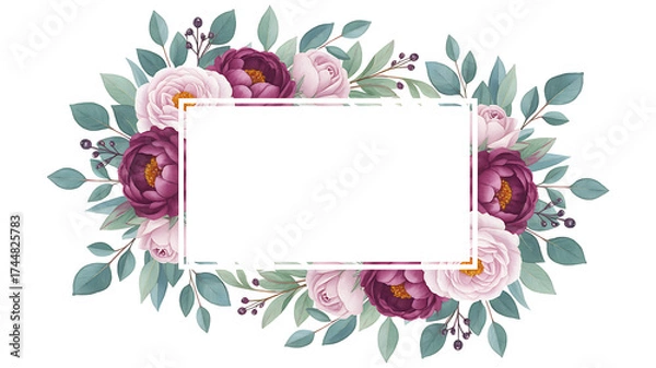 Fototapeta Elegant watercolor floral frame with burgundy and pink peonies and lush greenery for copy space