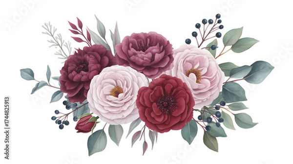 Fototapeta Elegant watercolor floral arrangement featuring deep burgundy and soft pink roses with eucalyptus leaves and delicate branches