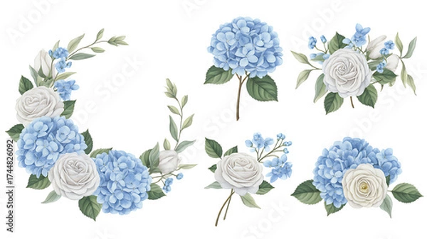 Fototapeta Elegant watercolor floral arrangements featuring delicate blue hydrangeas and soft white roses in a crescent and cluster designs
