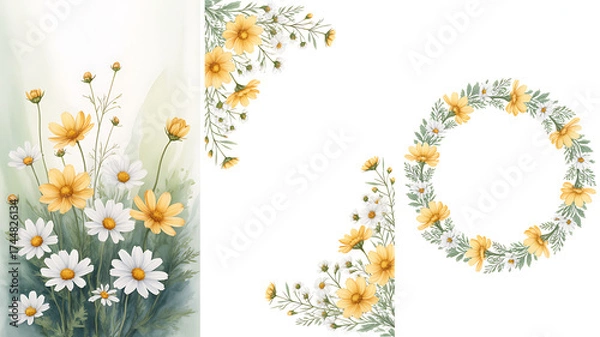 Fototapeta Delicate watercolor floral arrangements featuring daisies and yellow wildflowers in a border and wreath design