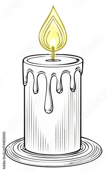 Fototapeta Hand drawn style lit candle with melting wax and bright yellow flame on a circular base