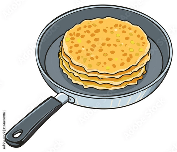 Fototapeta Stack of golden pancakes cooking in a skillet pan for a delicious breakfast or brunch treat.