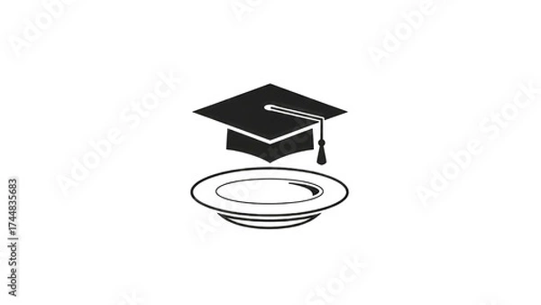 Fototapeta Graduation cap is placed above an empty plate, symbolizing the pursuit of knowledge and career over sustenance.