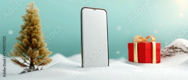 Obraz The smartphone standing in snow with Christmas tree and gift present beside it