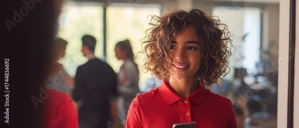 Obraz The woman smiling in red polo shirt using smartphone in modern office