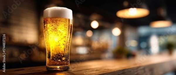Obraz The Beer Glass on a Wooden Bar Counter with Golden Bokeh Lighting