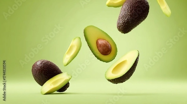 Fototapeta Avocado falling down with gradients background.