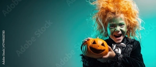 Obraz The Child Holding a Jack-o'-Lantern Smiling in Halloween Costume with Dramatic Lighting