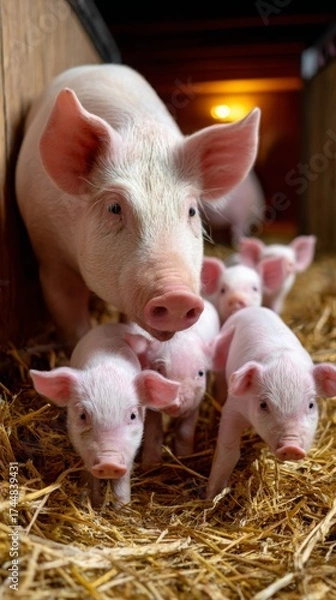 Obraz Mother pig and her piglets exploring the barn filled with straw during bright daylight