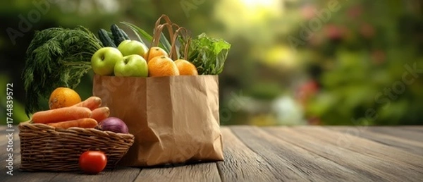 Obraz The paper grocery bag overflowing with fresh fruits and vegetables on wooden table