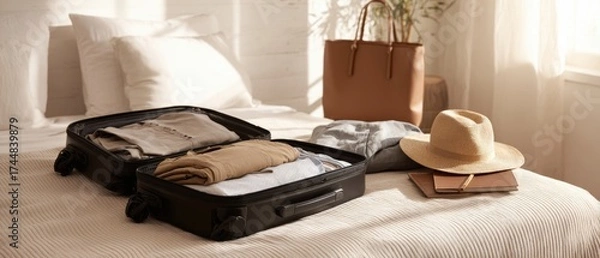 Obraz The Suitcase Packed on a Sunlit Bed Ready for a Weekend Getaway