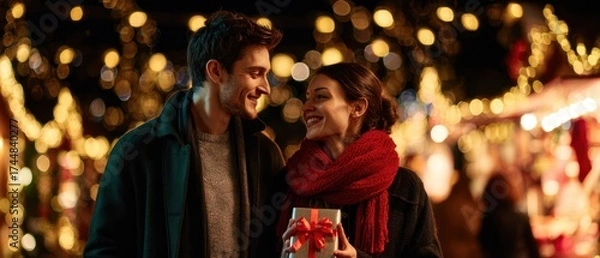 Obraz The couple sharing a joyful evening at a festive holiday market with wrapped gift