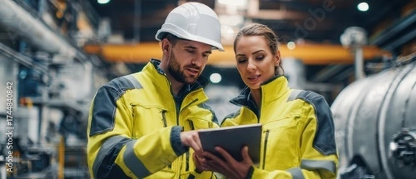Obraz The Engineers Reviewing Digital Schematics on a Tablet in a Modern Factory