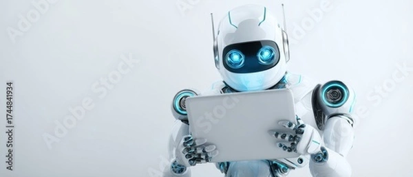 Obraz The Robot Reading a Digital Tablet Futuristic Humanoid Assistant in White Minimal Setting