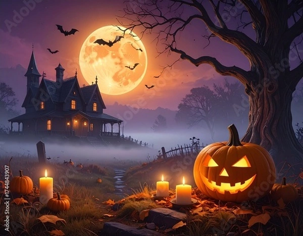 Fototapeta AI Generative Spooky Halloween scene featuring a haunted house, glowing jack-o'-lanterns, and a full moon.