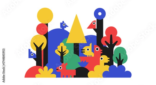 Fototapeta Whimsical abstract forest scene with playful geometric animals and trees.