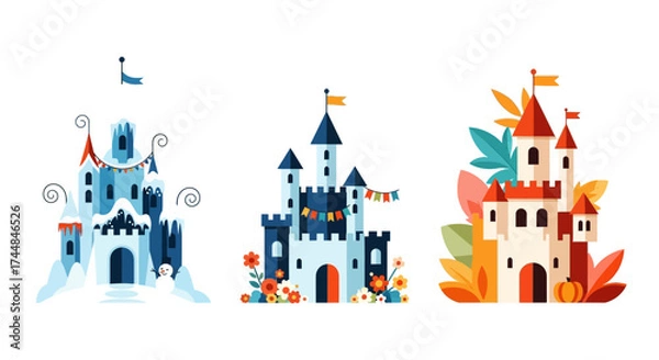 Fototapeta Whimsical Castles - A Trio of Fantasy Fortresses in Varied Styles.