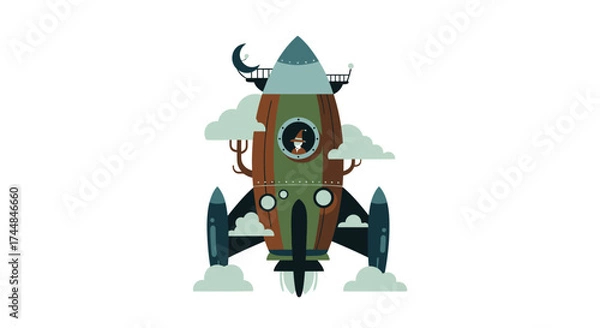 Fototapeta Whimsical fantasy rocket ship with house and nature elements.