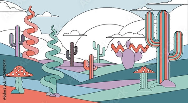 Fototapeta Whimsical Desert Landscape with Stylized Cacti and Mushrooms.