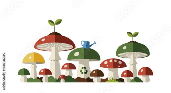 Fototapeta Whimsical Mushroom Patch with Recycling Symbol and Sprout.