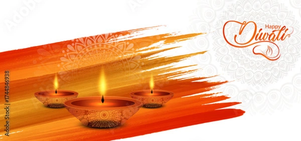Obraz Diwali Festival Celebration Background with Floating Glowing Diyas, Bright Orange Brush Stroke Texture, Warm Festive Light Glow, and Indian Holiday Celebration Design