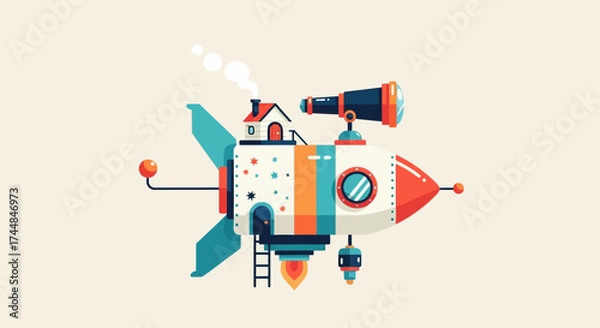 Fototapeta Whimsical Rocket Ship with House and Telescope.